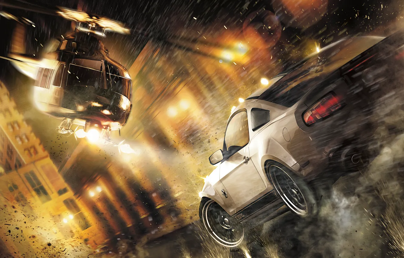 Photo wallpaper street, speed, chase, helicopter, shots, Ford Mustang Shelby GT500, Need for Speed: The Run
