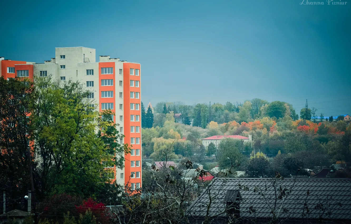 Photo wallpaper autumn, the sky, trees, street, color, home