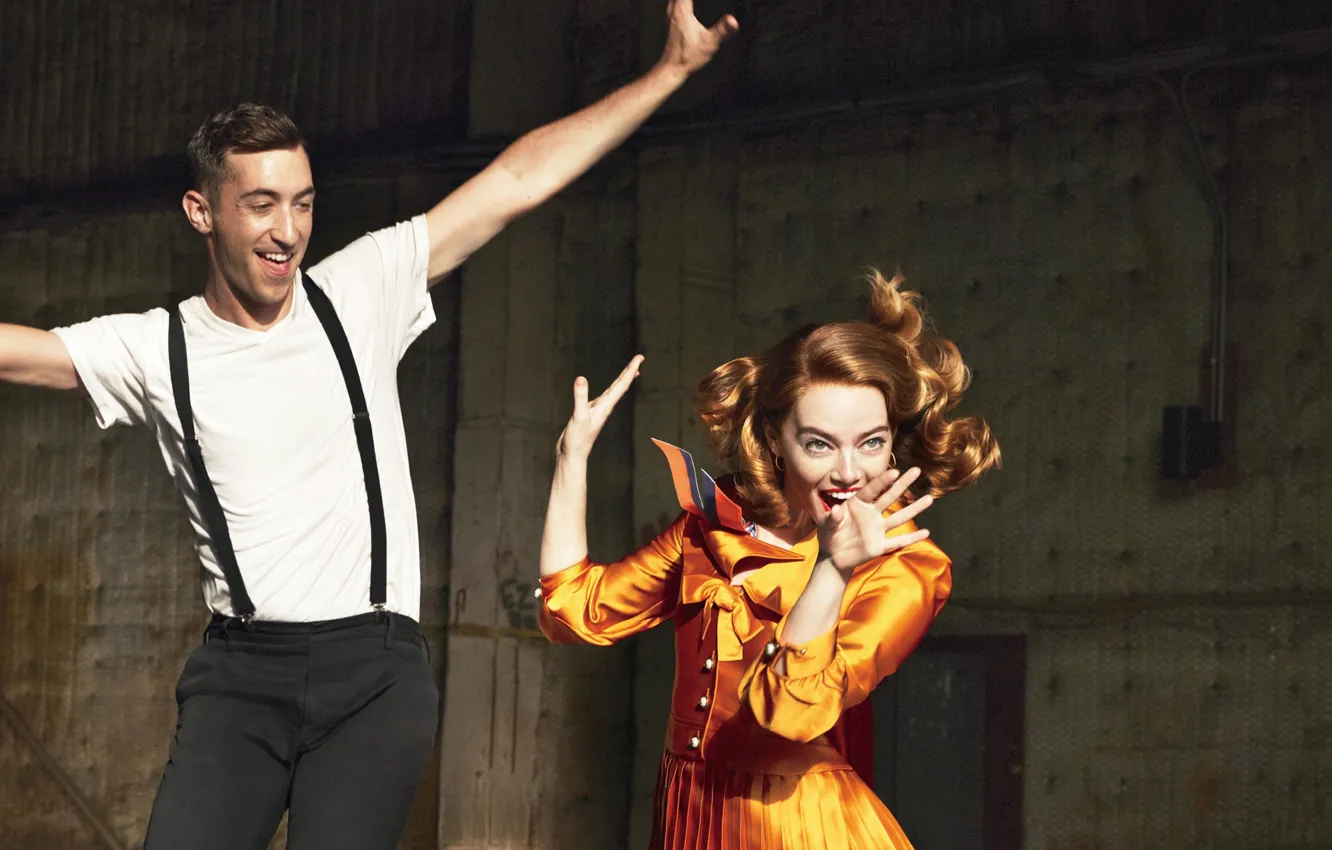 Photo wallpaper girl, dance, makeup, dress, hairstyle, guy, redhead, Emma Stone