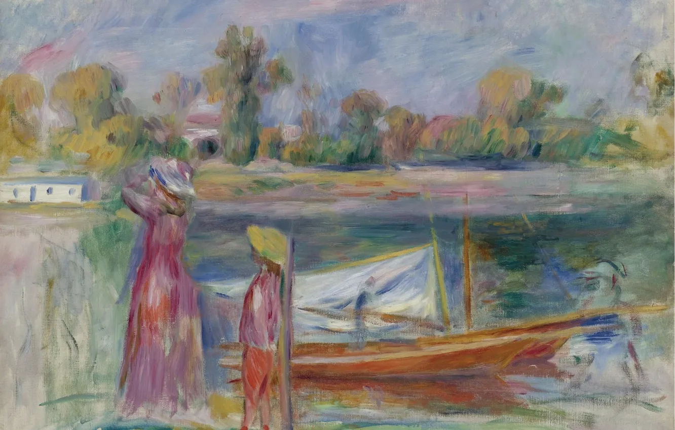 Photo wallpaper landscape, boat, picture, 1896, Pierre Auguste Renoir, Pierre Auguste Renoir, Young girls in Argenteuil