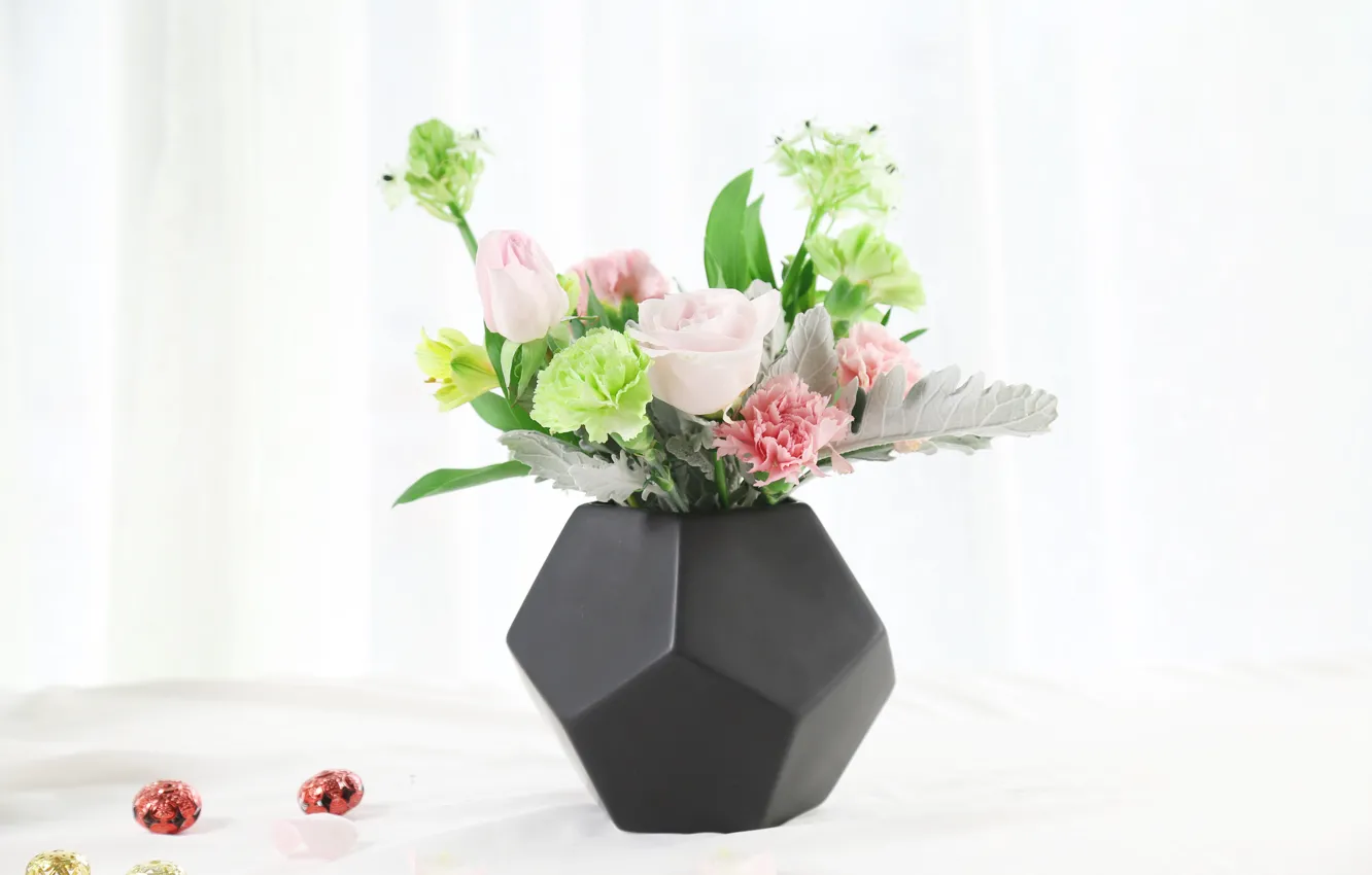 Photo wallpaper flowers, table, bouquet, vase