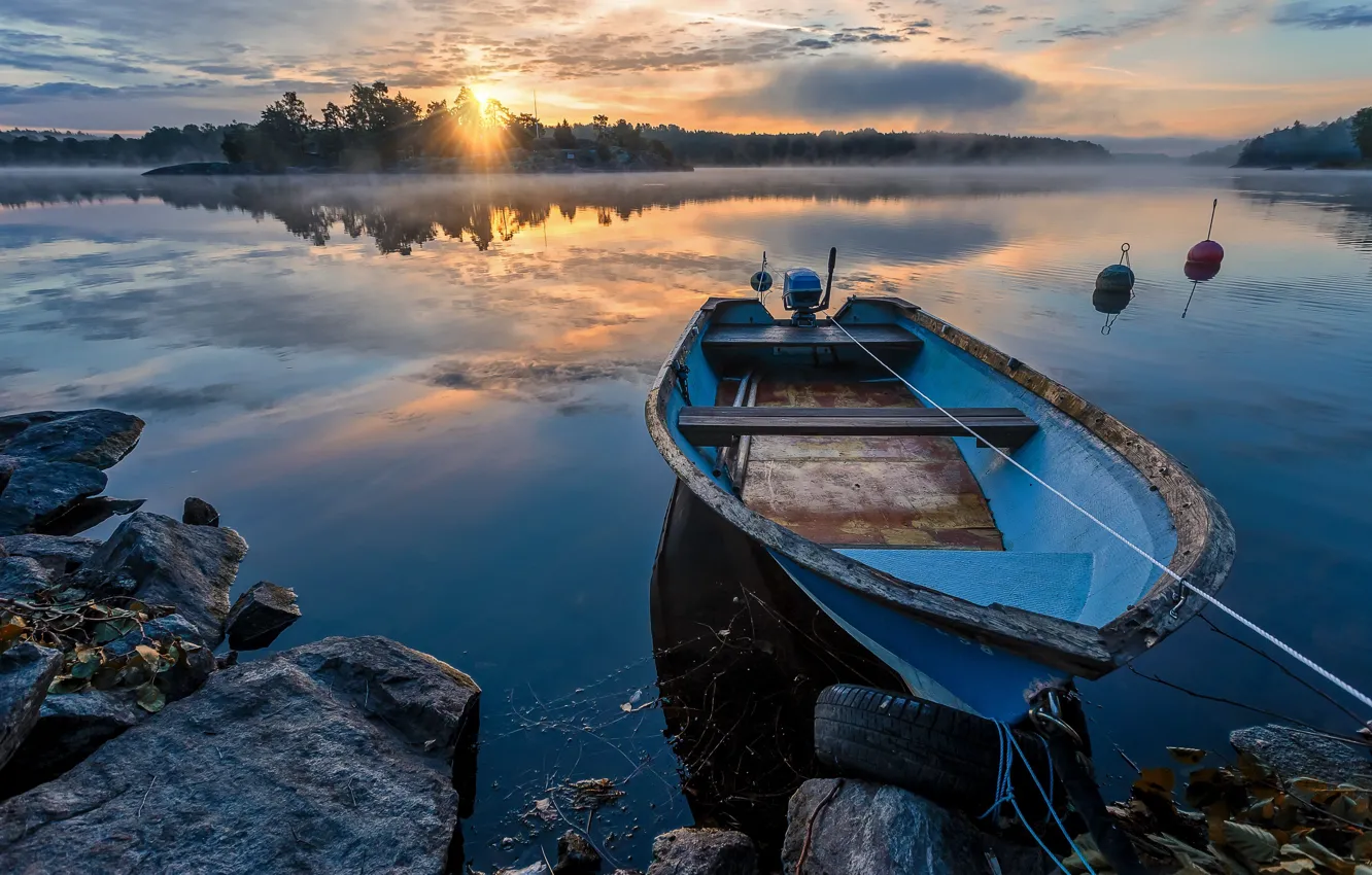 Photo wallpaper lake, boat, morning