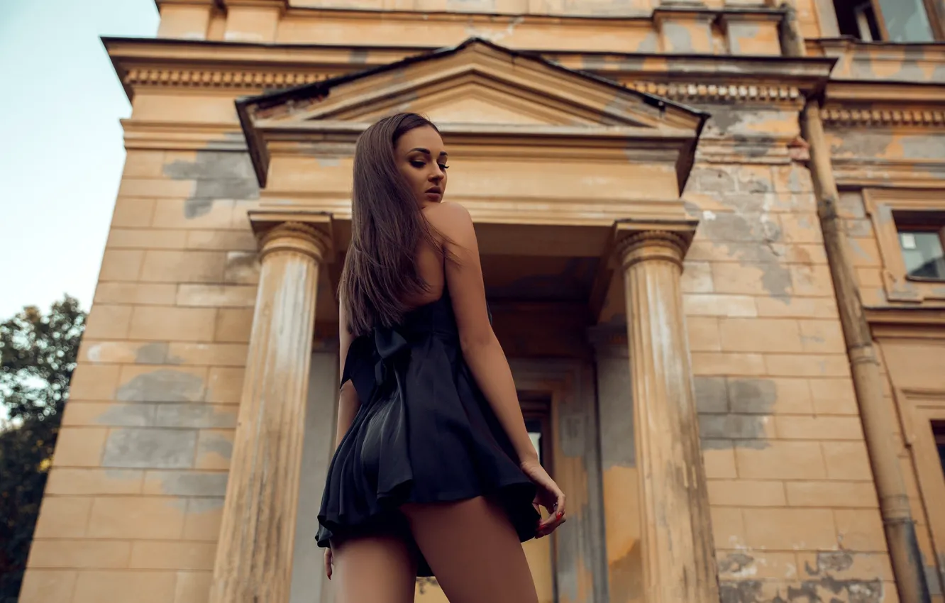 Photo wallpaper sky, long hair, dress, trees, clouds, model, brunette, black hair