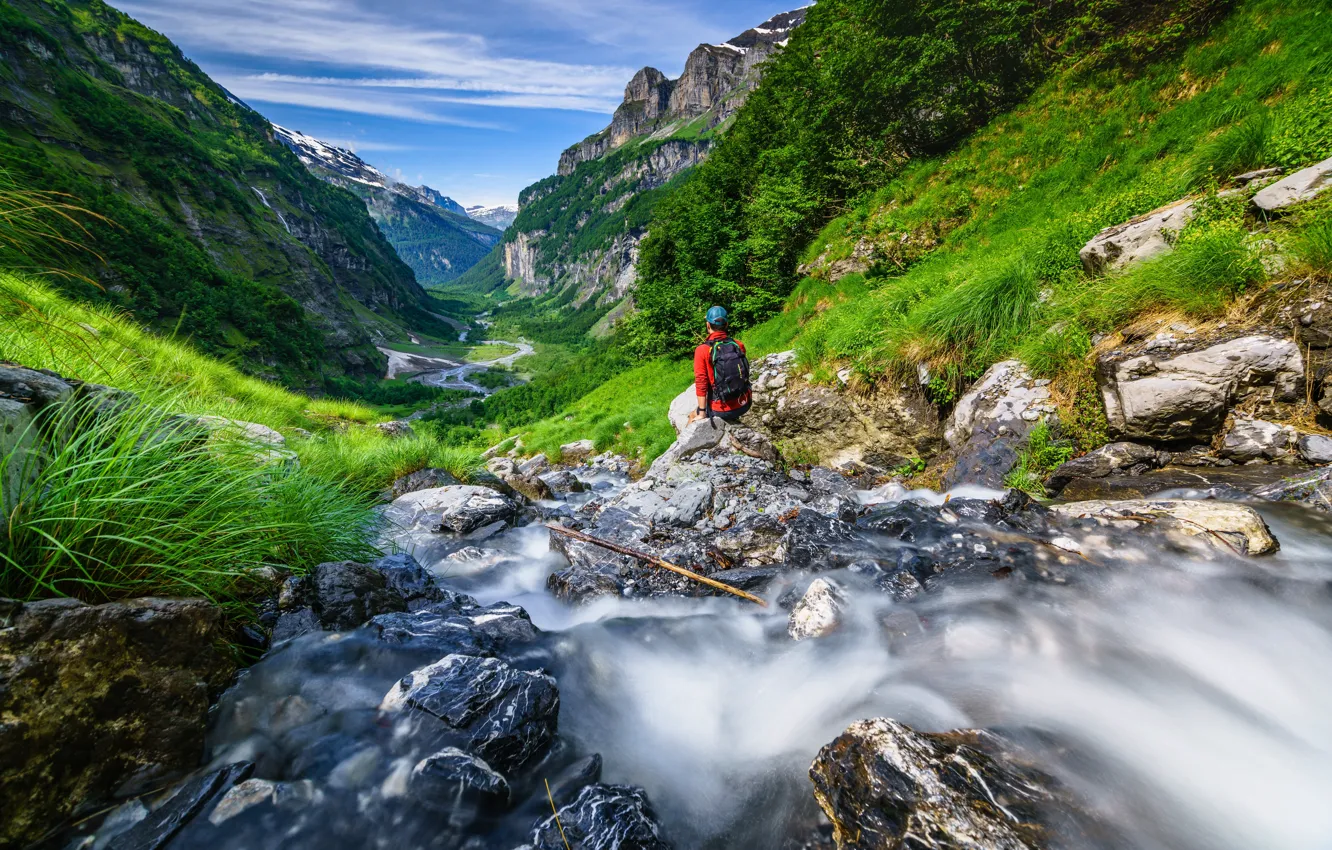 Photo wallpaper mountains, stones, stream, Alps, river, Haute-Savoie, Francia