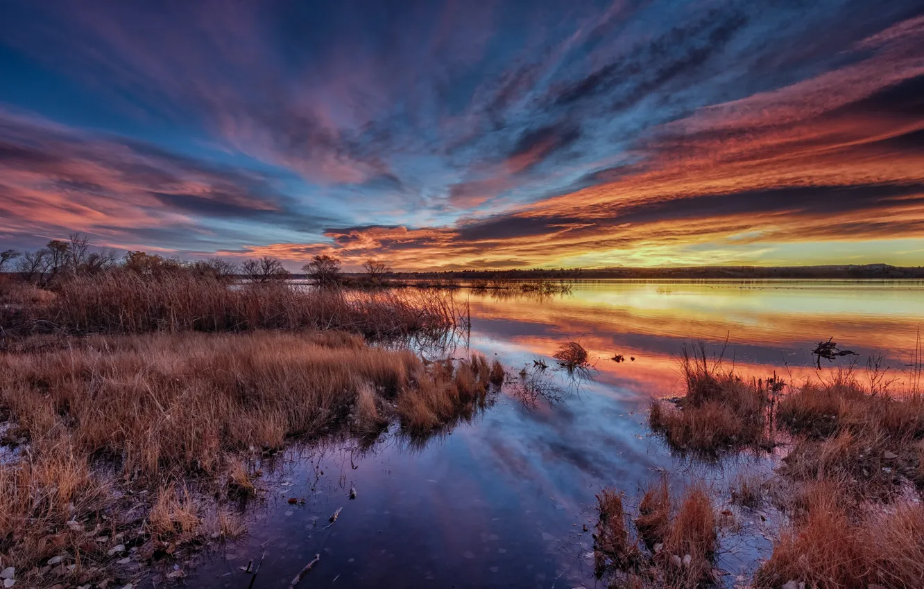 Photo wallpaper autumn, sunset, shore, sunrise, Colorado, Chatfield State Park, Lake Chatfield
