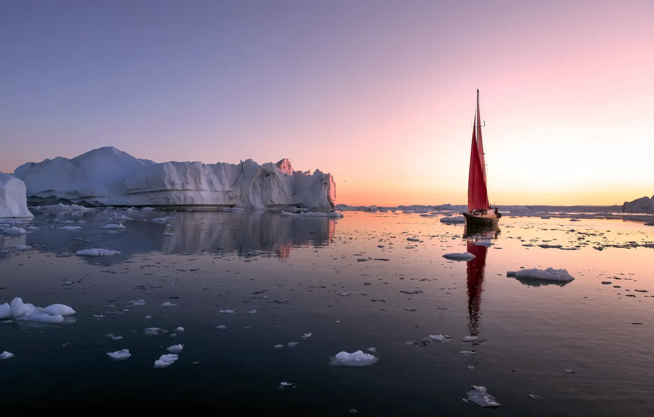 Photo wallpaper ice, sea, sunset, boat, sail