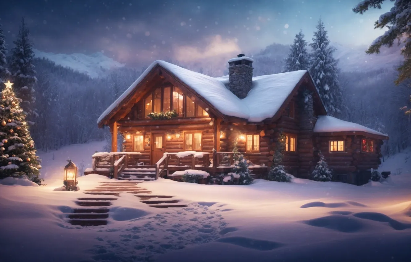 Photo wallpaper winter, snow, night, lights, tree, New Year, frost, Christmas