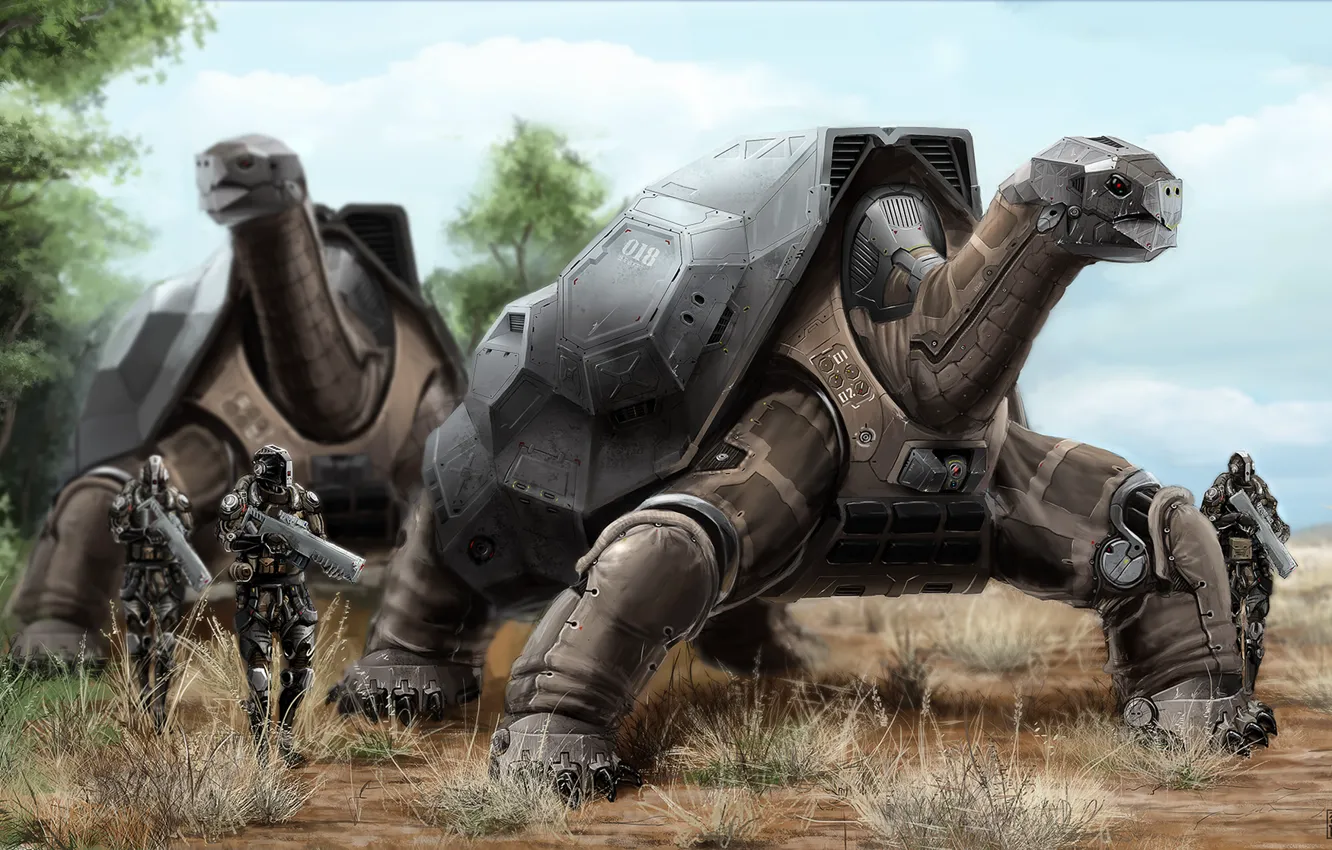 Photo wallpaper weapons, robot, turtle, art, soldiers, fur, Robert Chew