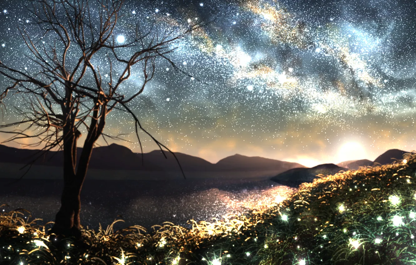 Photo wallpaper grass, space, stars, nature, fireflies, tree, horizon, art