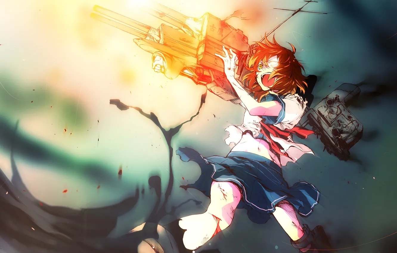 Photo wallpaper girl, weapons, blood, anime, art, scratches, form, gun