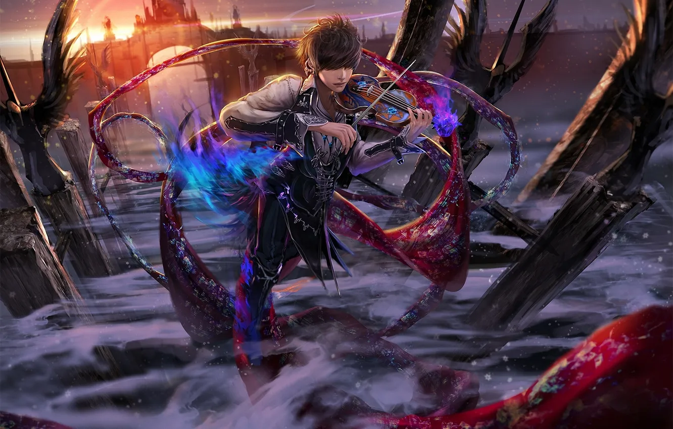 Photo wallpaper water, violin, art, arch, guy, musical instrument, jname