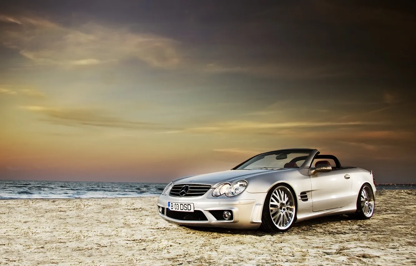 Photo wallpaper sand, beach, landscape, photo, Wallpaper, Mercedes, convertible, cars