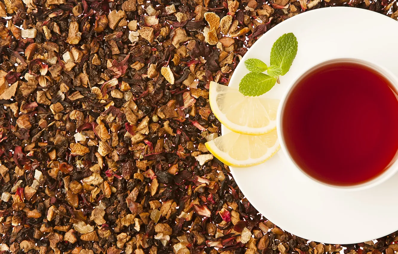 Photo wallpaper lemon, tea, petals, mug, drink, mint, saucer
