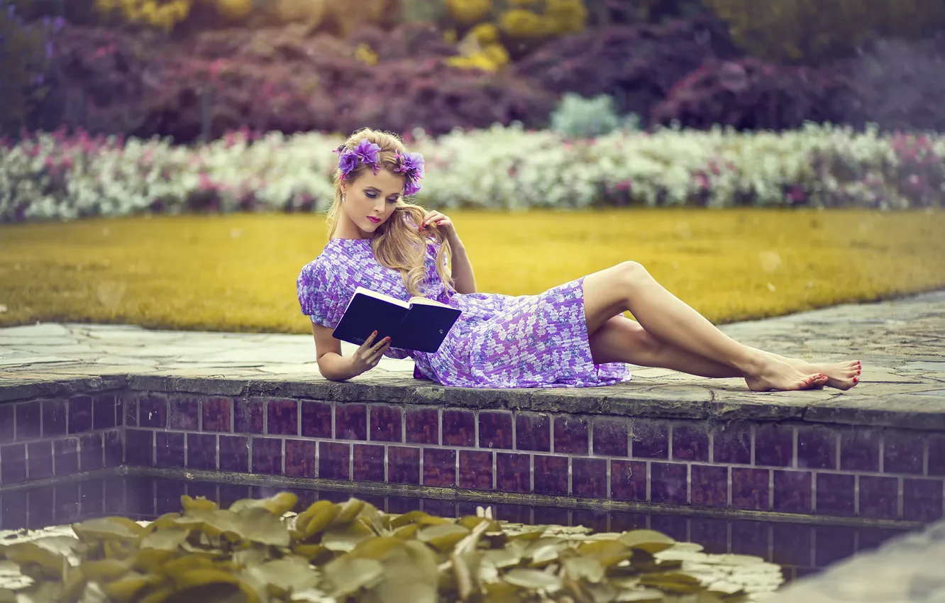 Photo wallpaper dress, book, legs, wreath