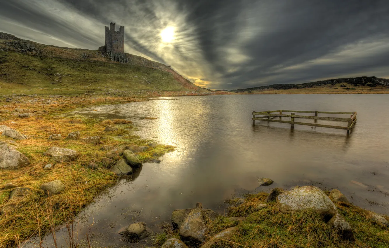 Photo wallpaper grass, lake, stones, castle, shore, Scotland, hill, the ruins