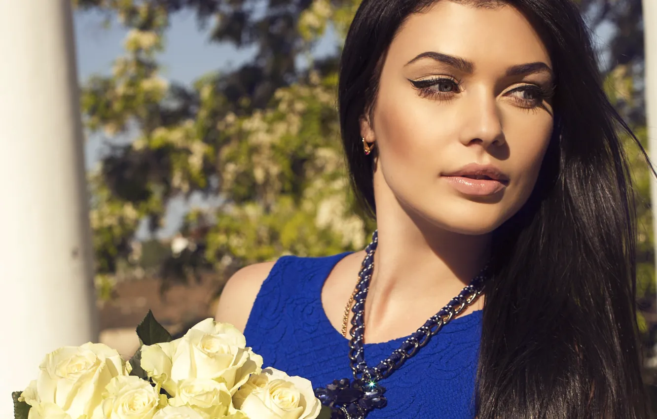 Photo wallpaper look, girl, decoration, bouquet, makeup, dress, dark hair