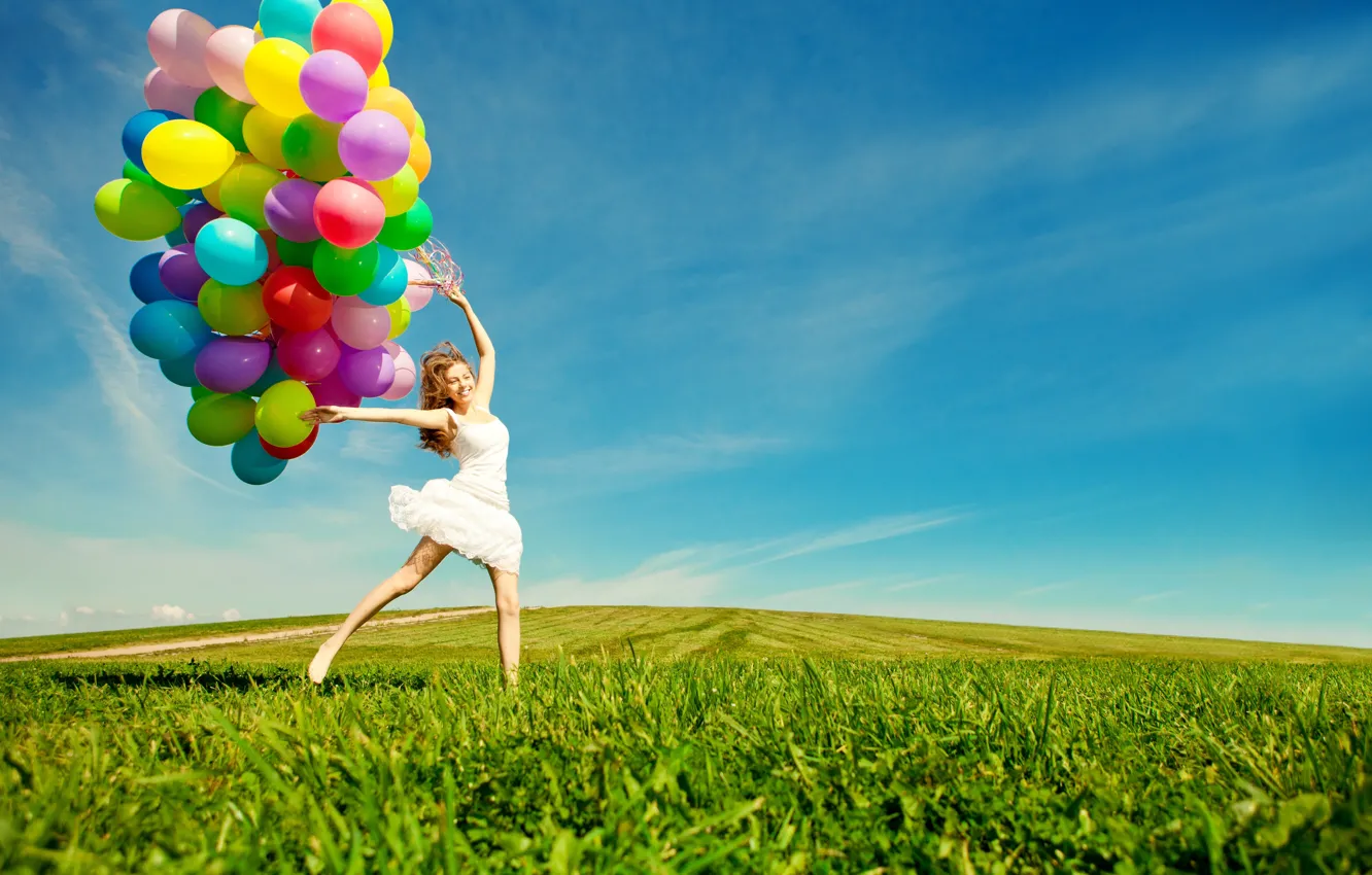 Photo wallpaper girl, joy, balloons, jump