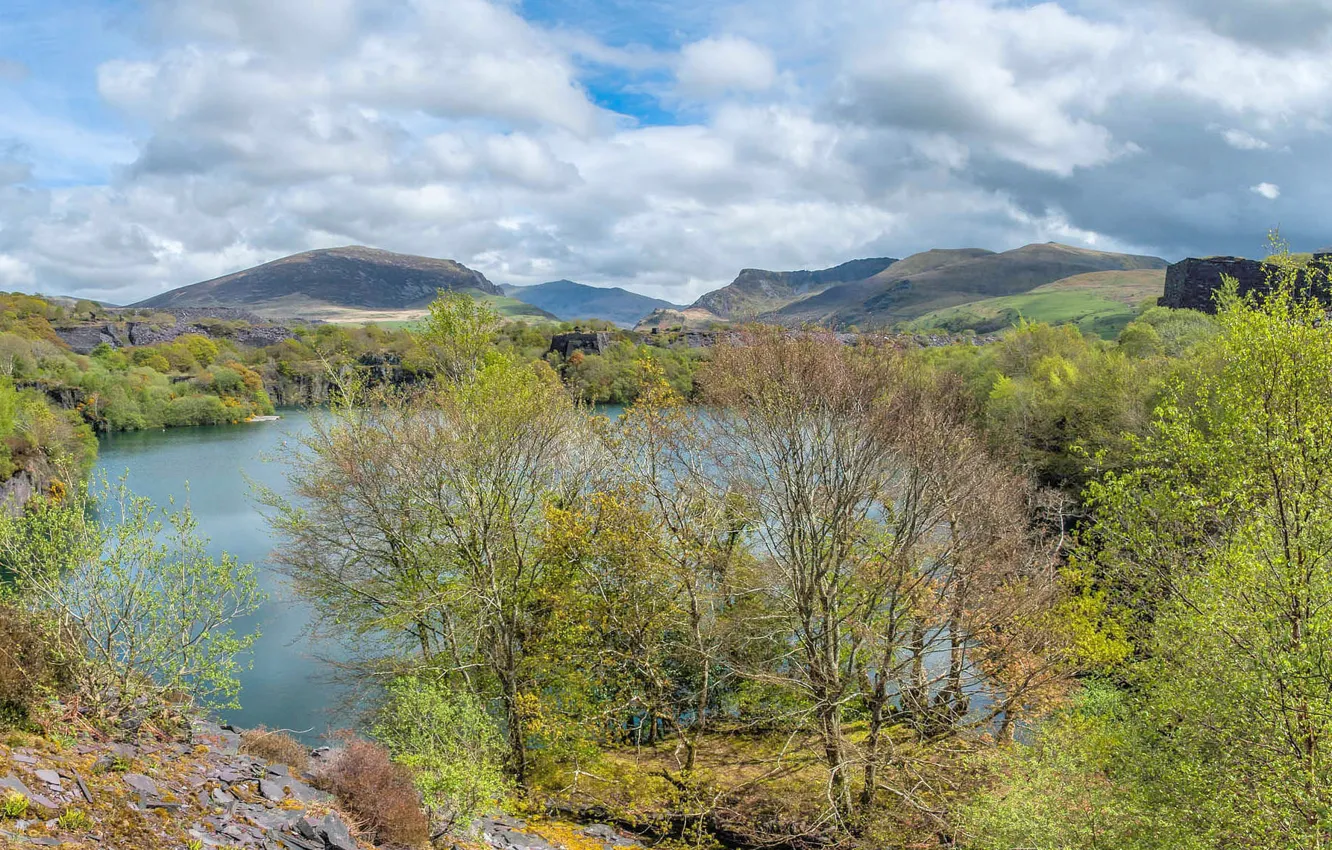 Photo wallpaper landscape, trees, Wales, Dorothea Quarry, mountains, lake