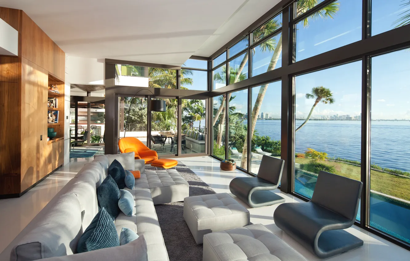 Photo wallpaper design, palm trees, coast, furniture, interior