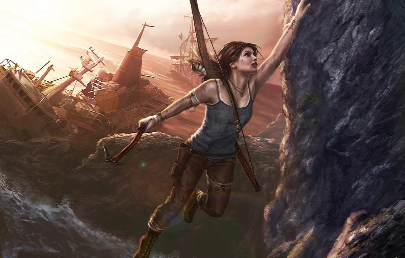 Photo wallpaper sea, girl, open, rocks, ship, Tomb Raider, Lara Croft, Tomb raider