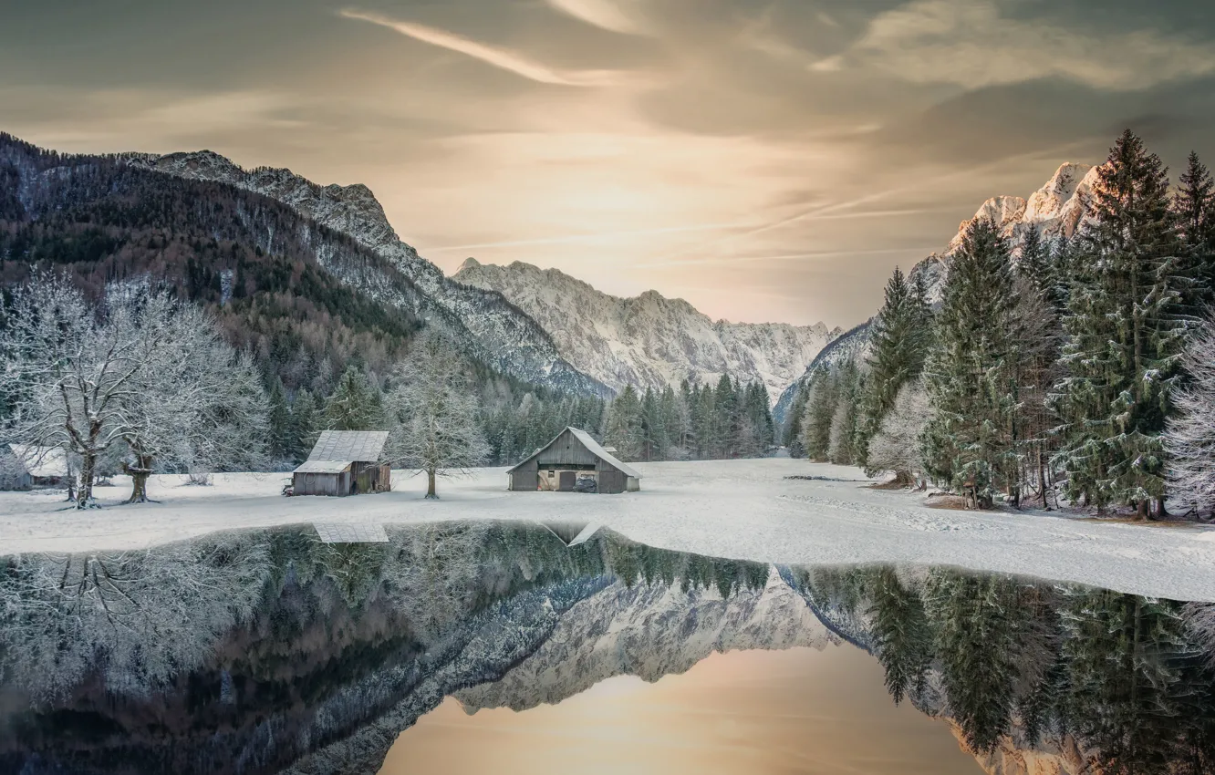Photo wallpaper winter, snow, trees, mountains, lake, reflection, Slovenia, Slovenia