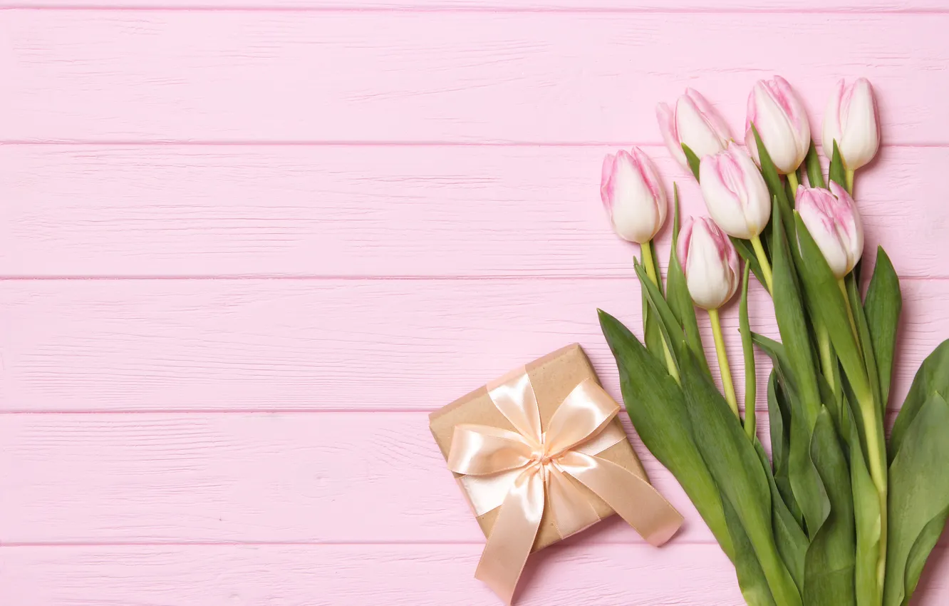 Photo wallpaper flowers, gift, bouquet, tulips, pink, wood, pink, flowers