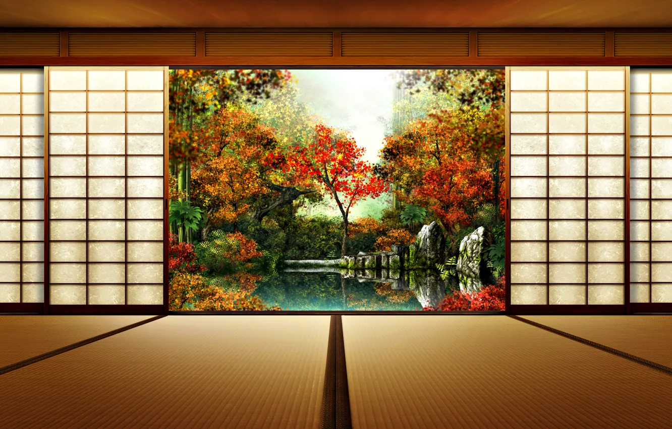 Photo wallpaper trees, nature, Japan, weather, Japanese house, garden view