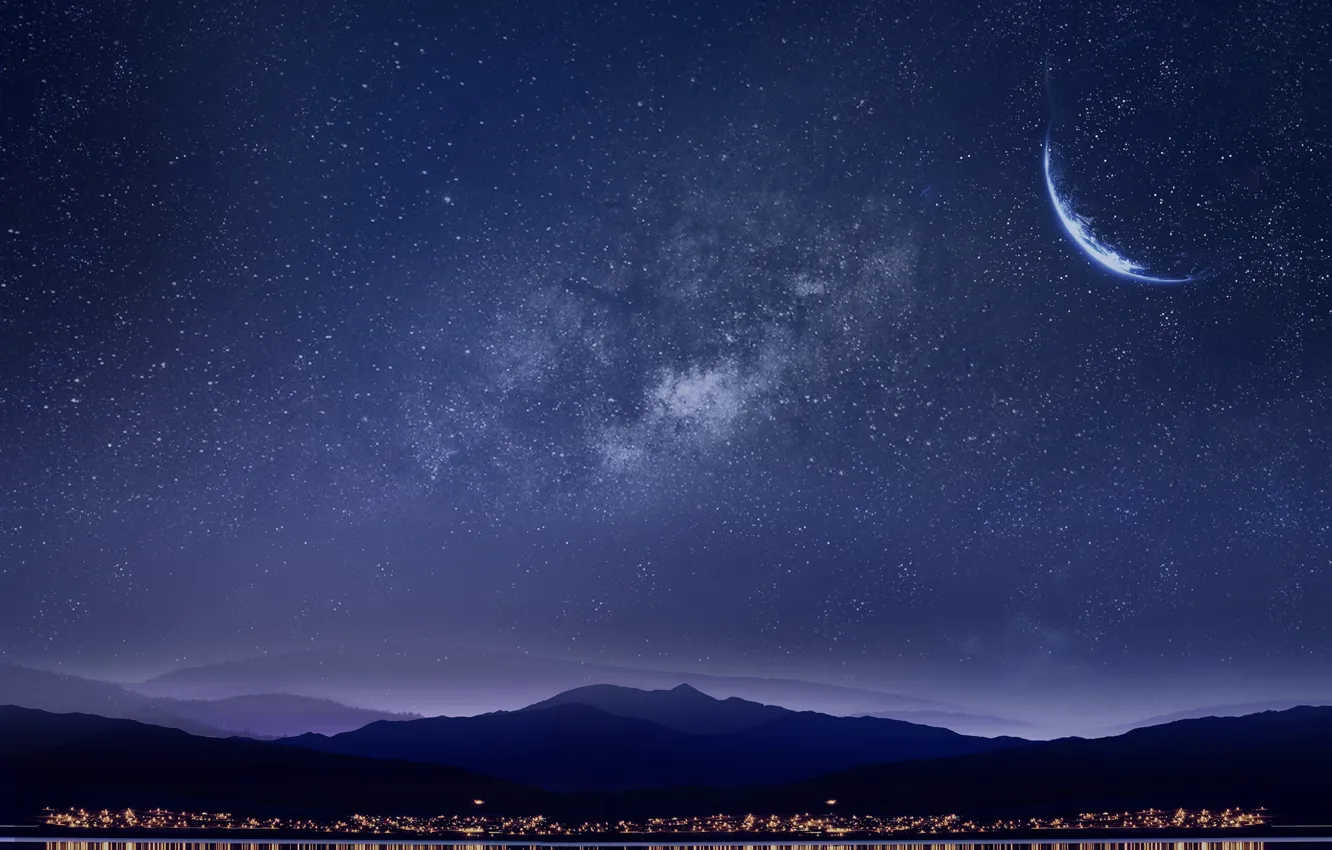Photo wallpaper the sky, space, stars, mountains, lights, the moon, star, mountains