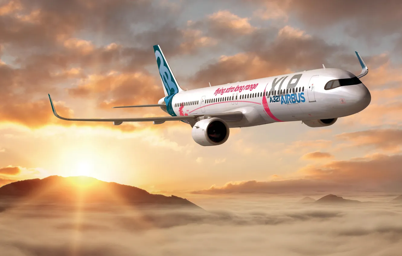 Photo wallpaper clouds, flight, dawn, Airbus, Airbus, Airbus A321XLR, Passenger twin engine jet airliners, Passenger twin-engine jetliners