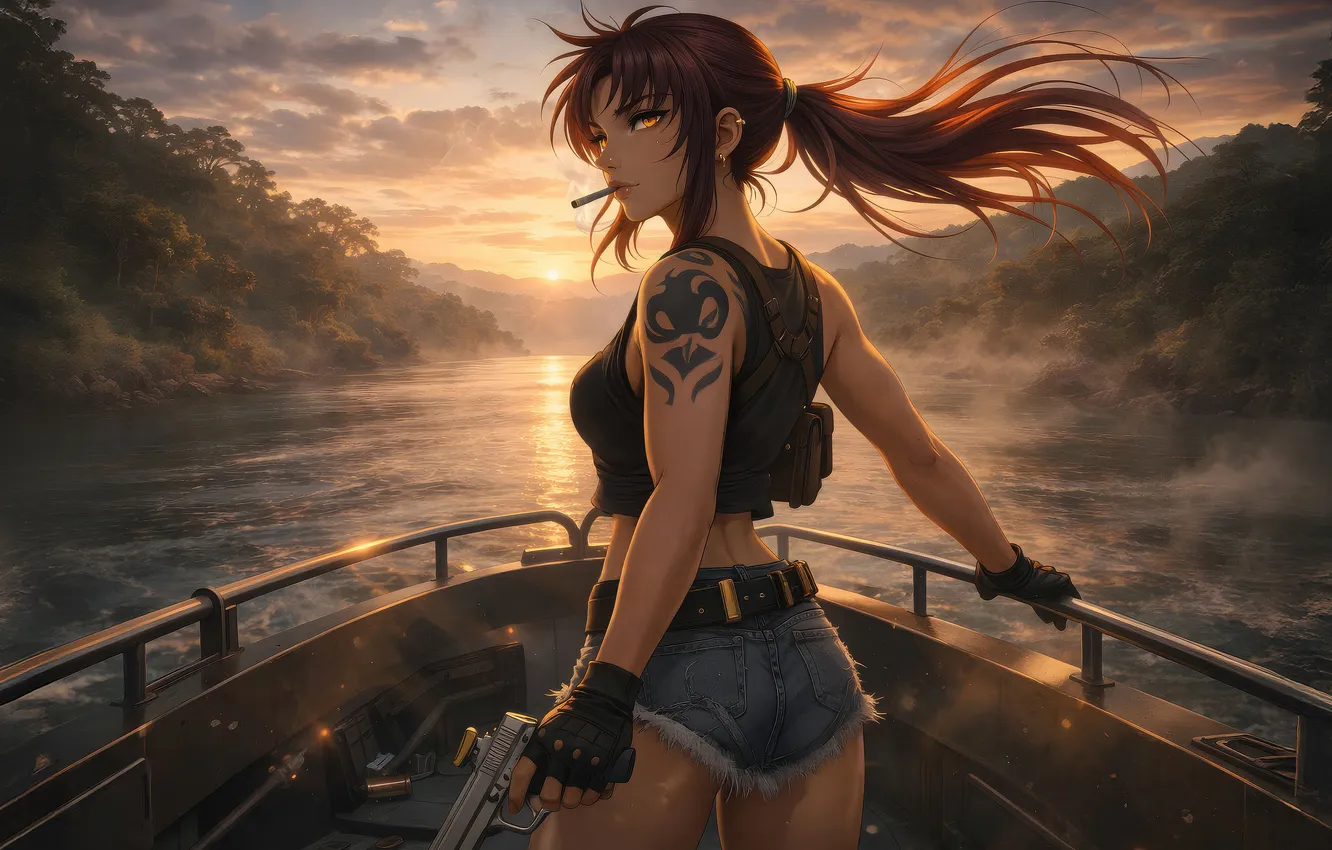 Photo wallpaper girl, sunset, anime, adventurer, boat
