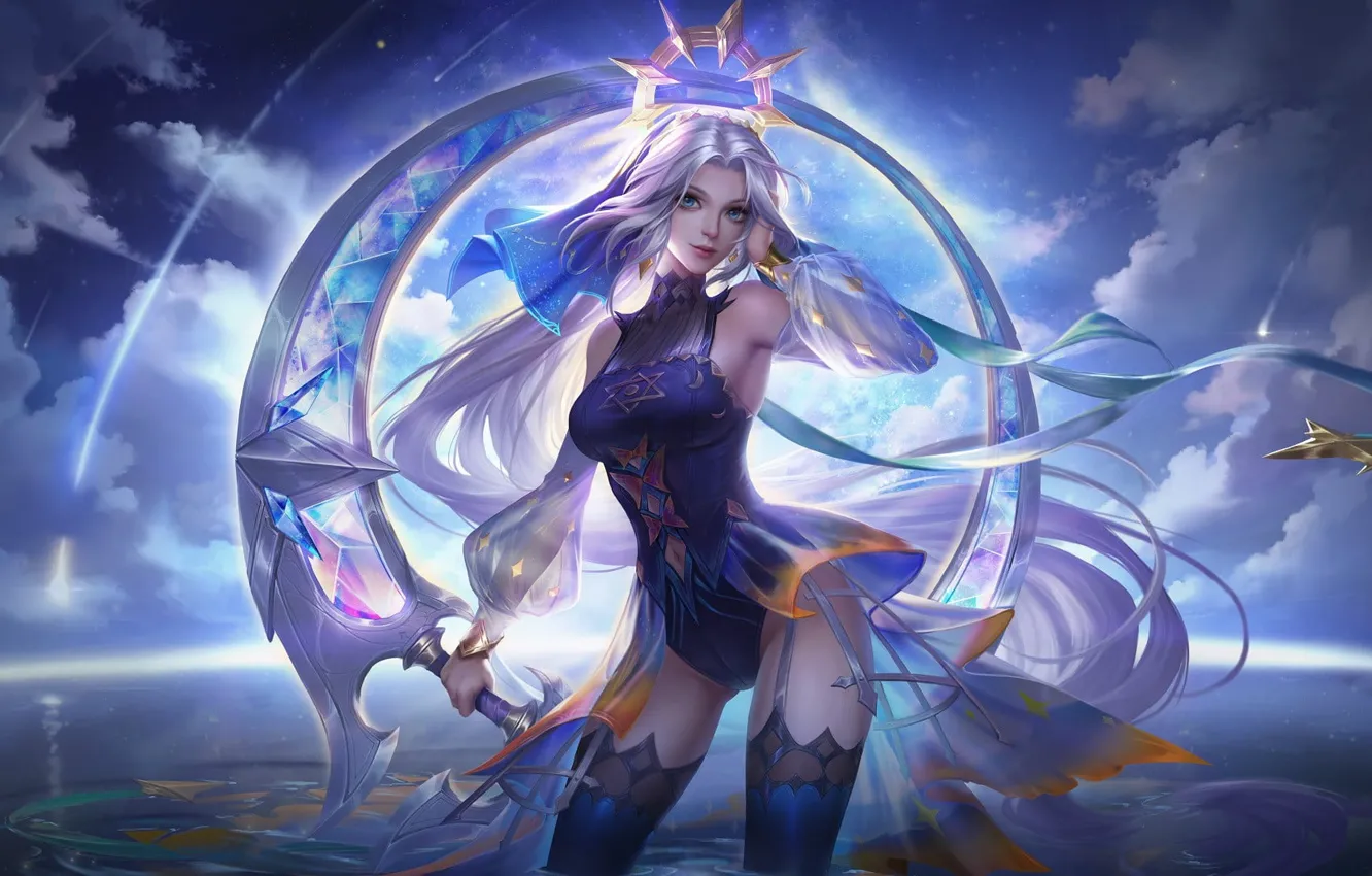 Photo wallpaper water, clouds, weapons, stockings, arena, halo, beautiful girl, online