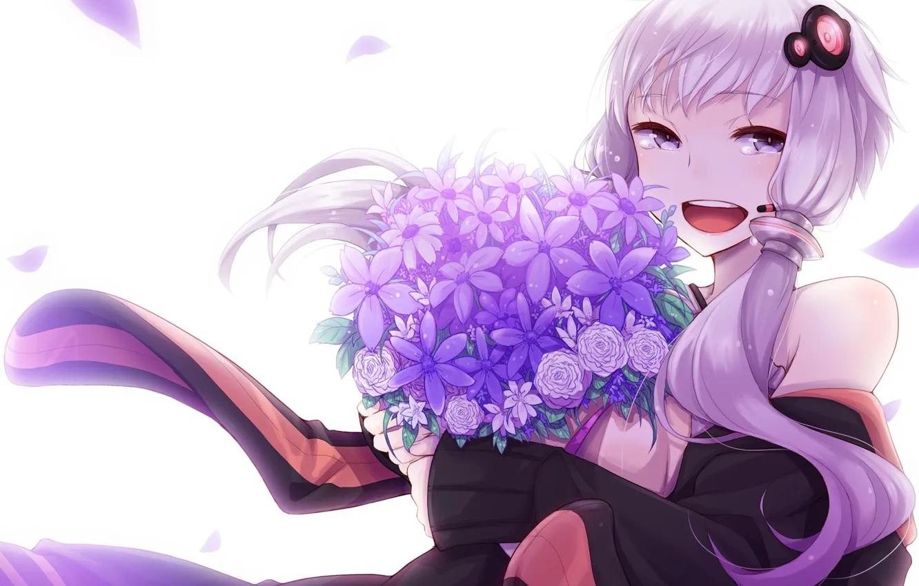 Photo wallpaper girl, flowers, smile, bouquet, anime, petals, tears, art