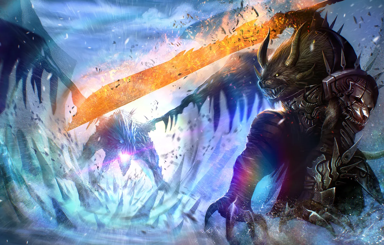 Photo wallpaper cold, magic, dragon, sword, art, horns, battle, Guild Wars 2