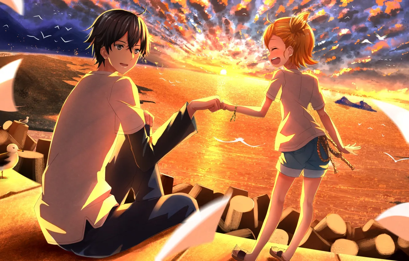 Photo wallpaper sea, girl, joy, sunset, seagulls, guy, art, swordsouls