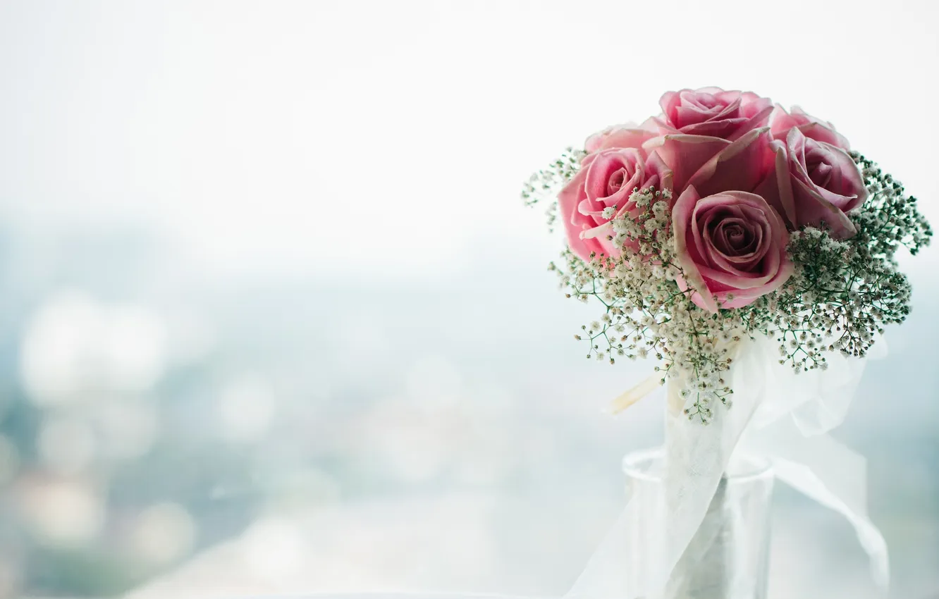 Photo wallpaper flowers, roses, bouquet, petals, pink