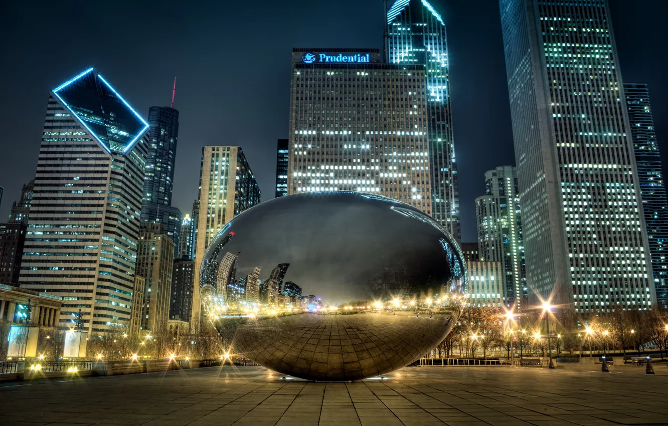 Photo wallpaper night, the city, lights, reflection, Chicago, millennium park, Spaceship Earth