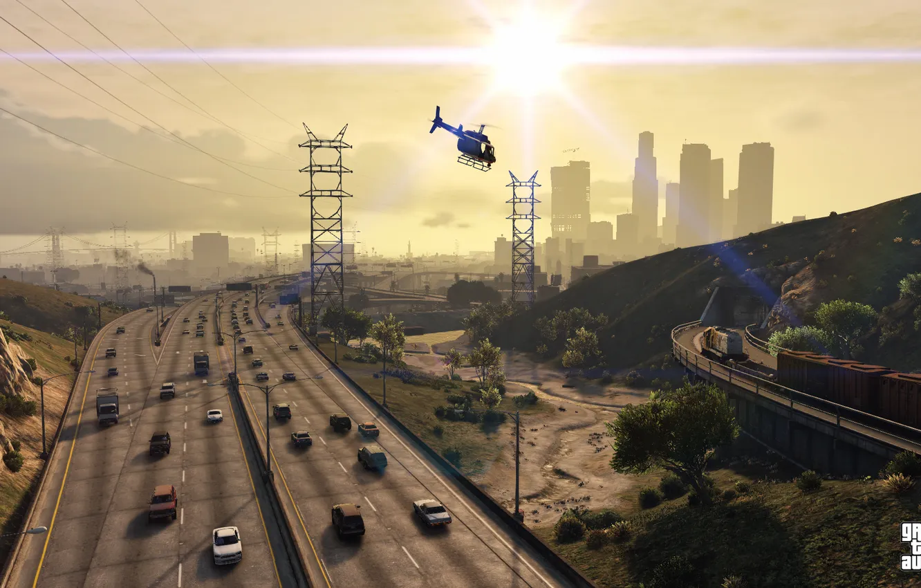 Photo wallpaper road, machine, helicopter, Grand Theft Auto V, Los Santos, gta 5