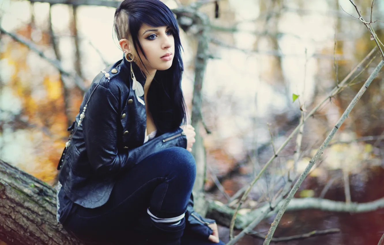 Photo wallpaper look, girl, branches, piercing, brunette, jacket, MISS AMEERAH