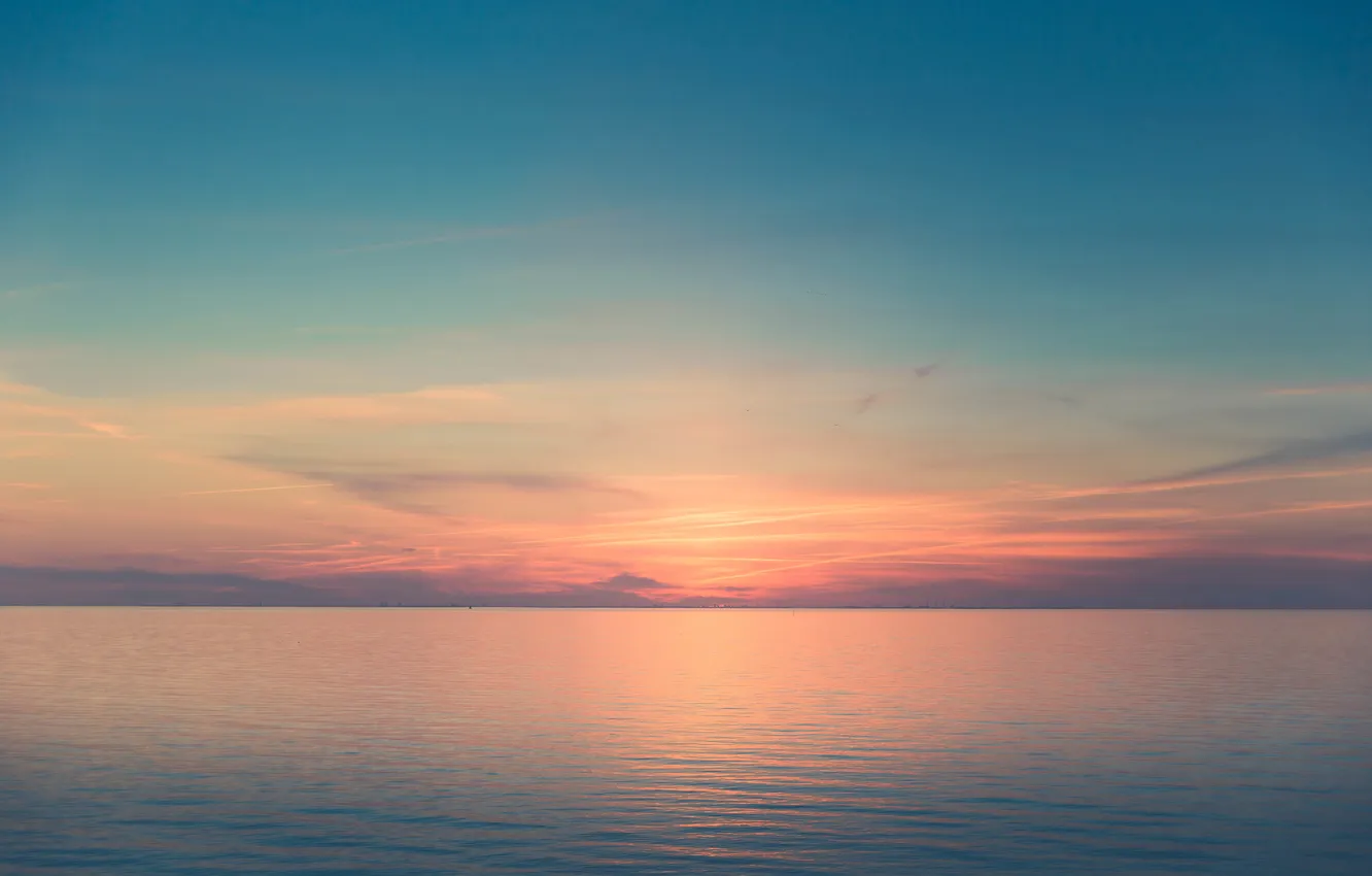 Photo wallpaper sea, the sky, clouds, sunset, reflection, mirror, horizon