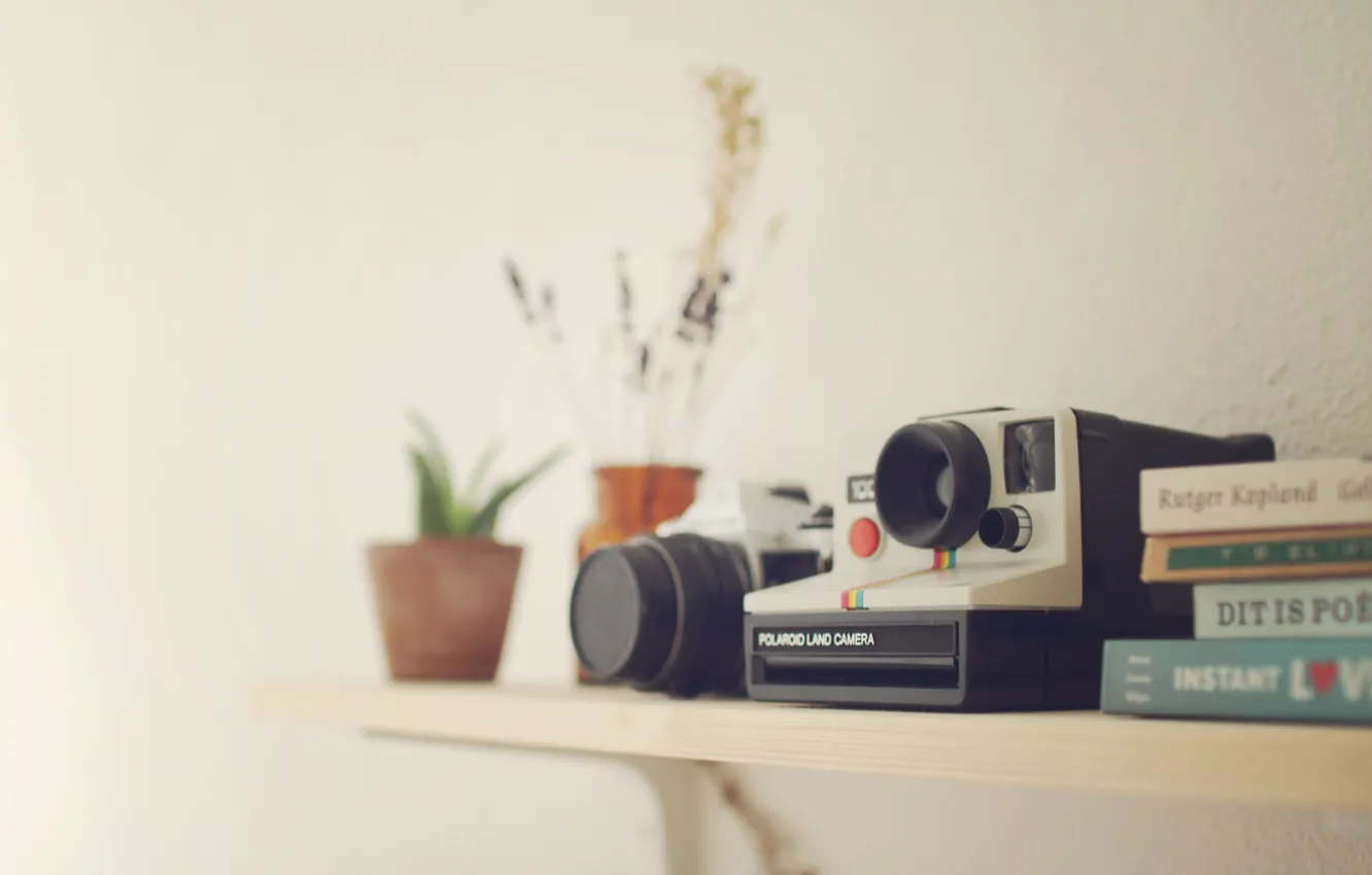 Photo wallpaper cameras, books, Polaroid, Pentax