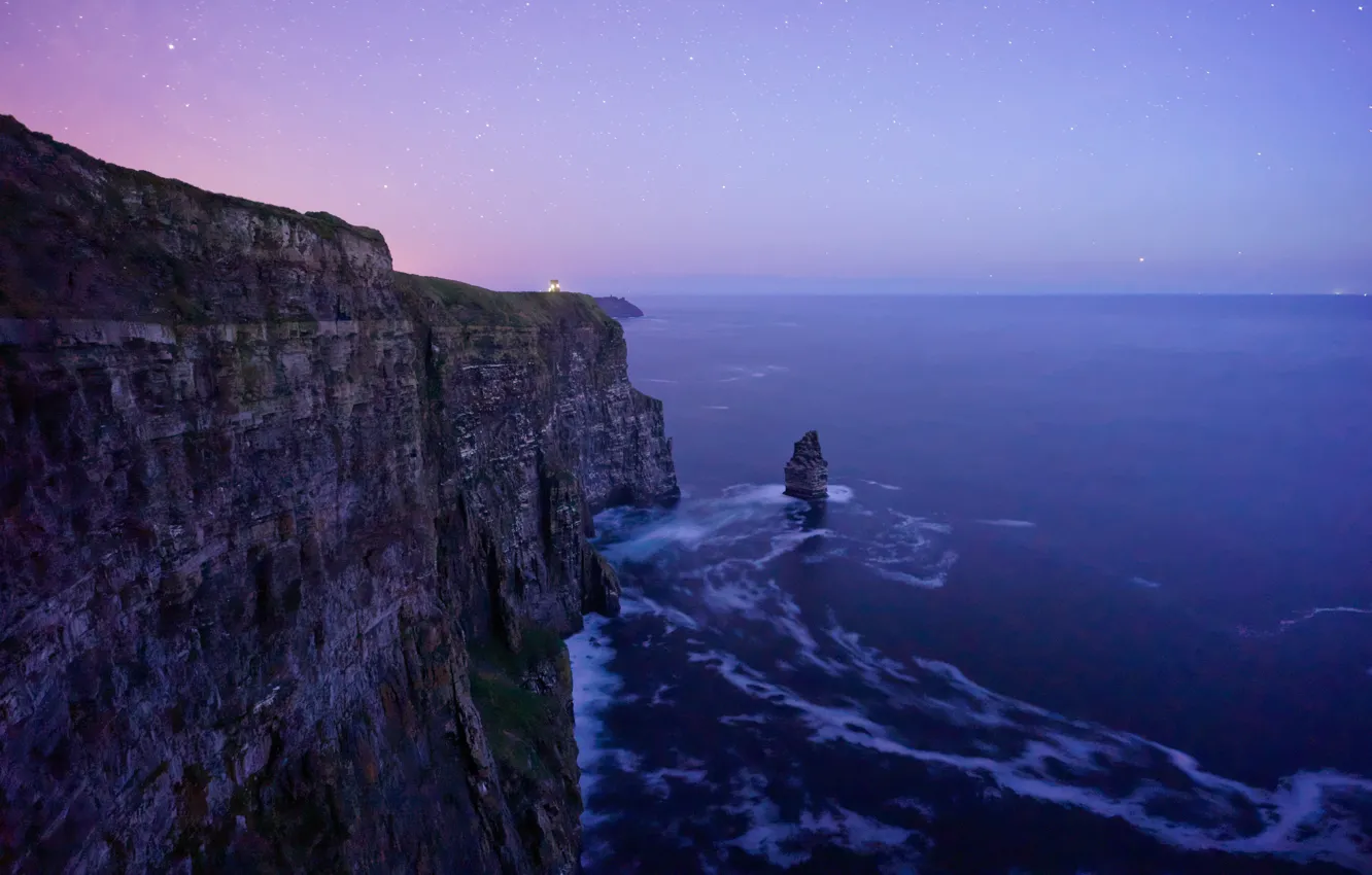 Photo wallpaper the sky, water, stars, sunset, the ocean, rocks, the evening, Ireland