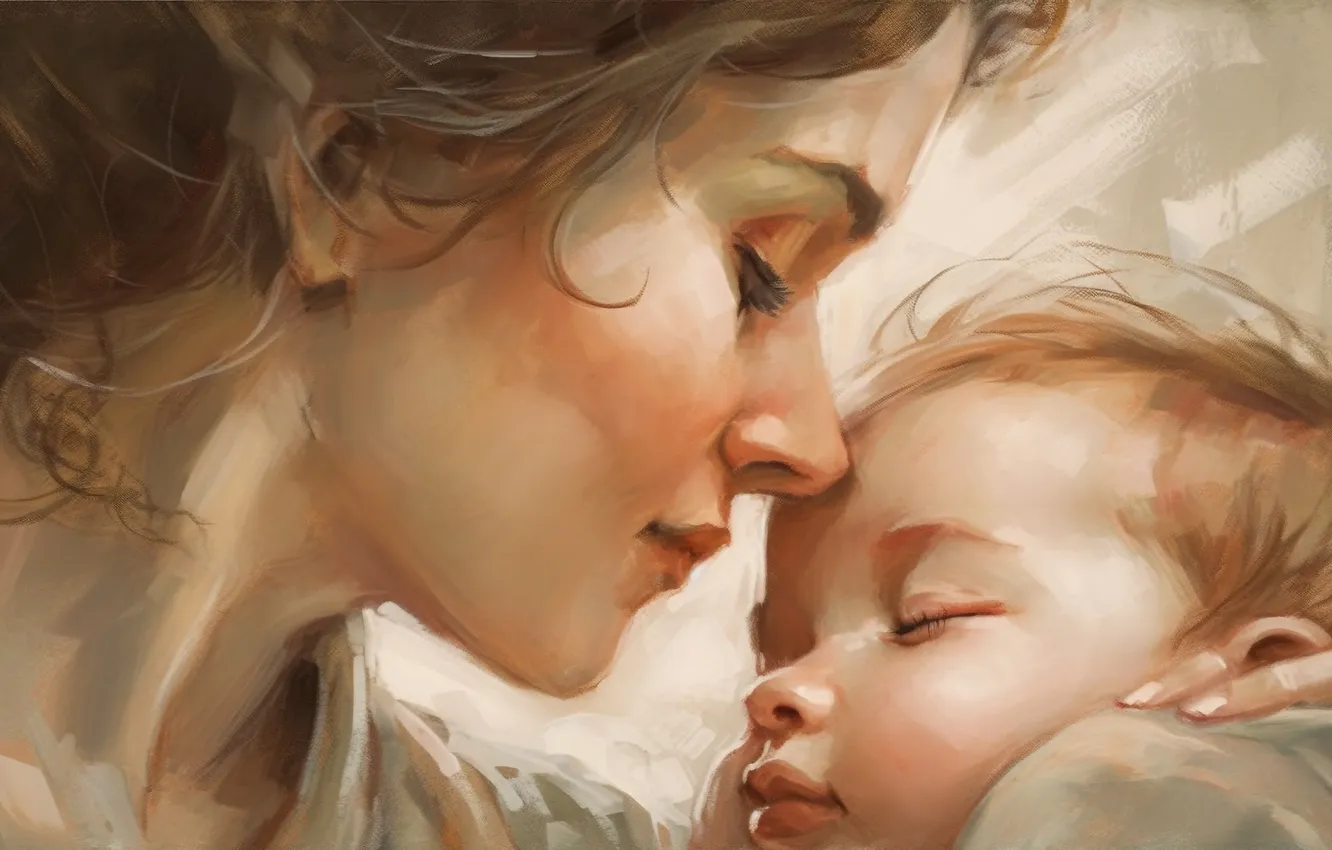 Photo wallpaper mom, closeup, two, girl, baby, neural network, digital art, children
