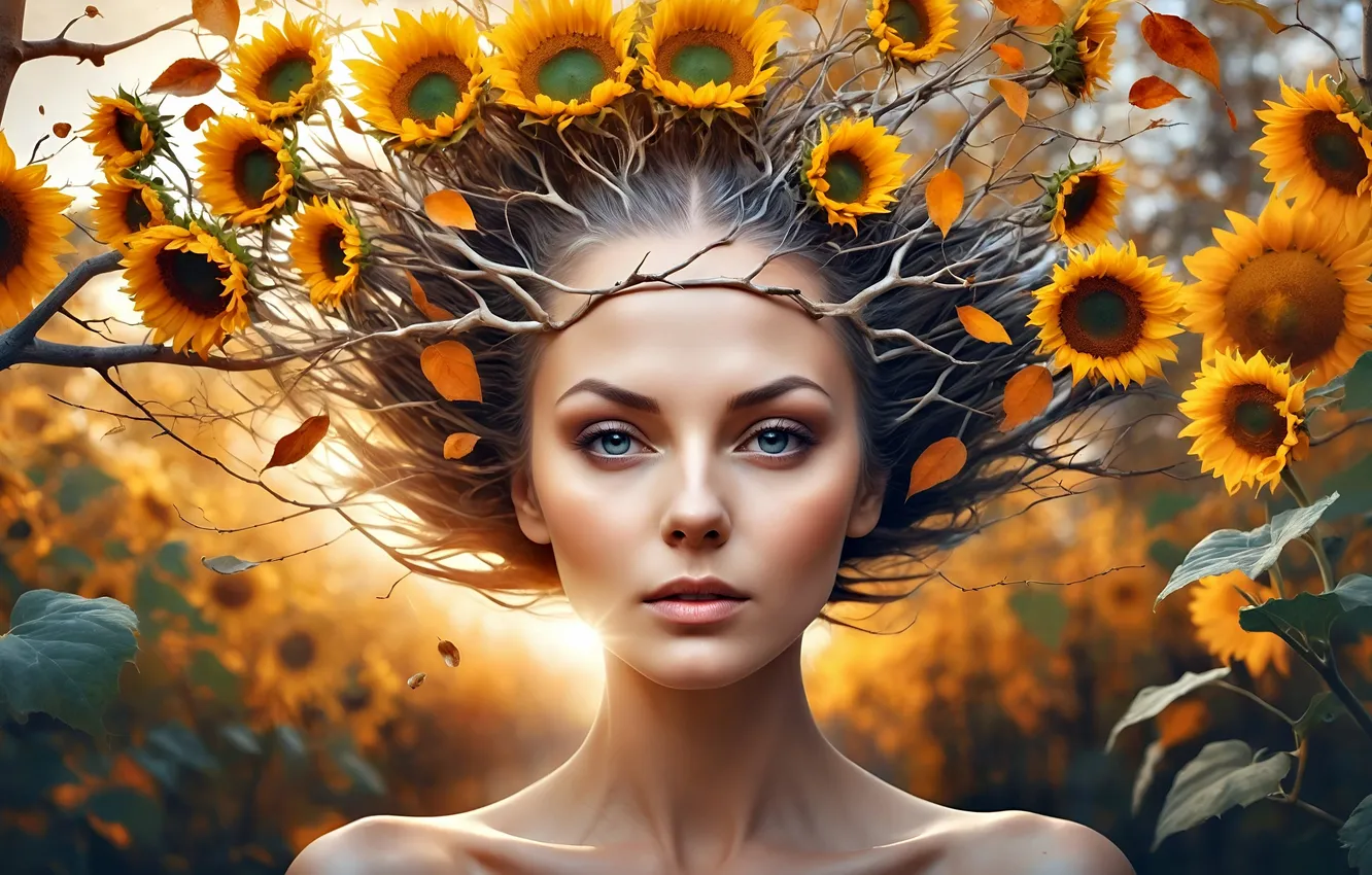Photo wallpaper girl, sunflowers, branches, face, AI art