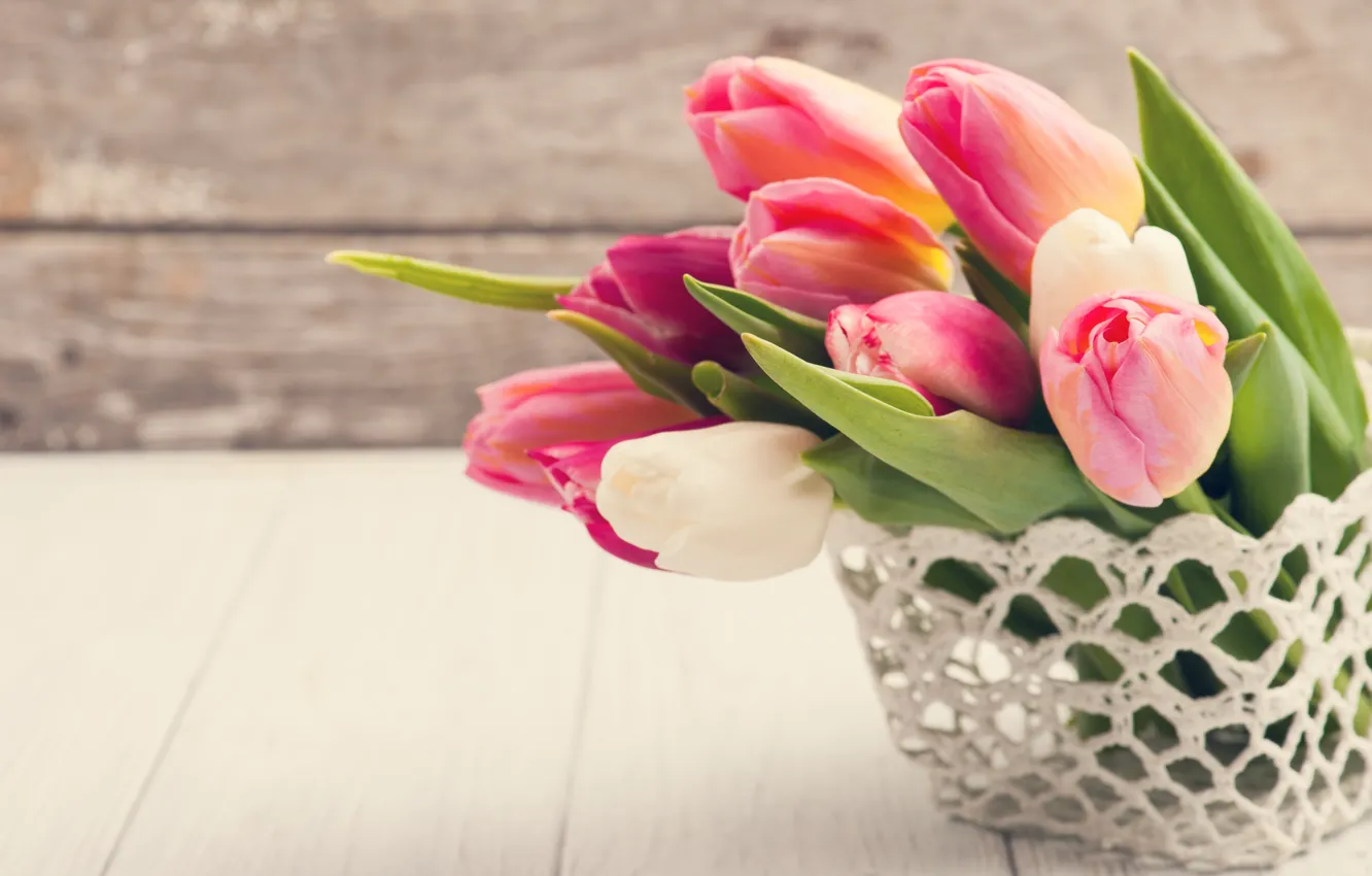 Photo wallpaper bouquet, tulips, basket, THE OFF
