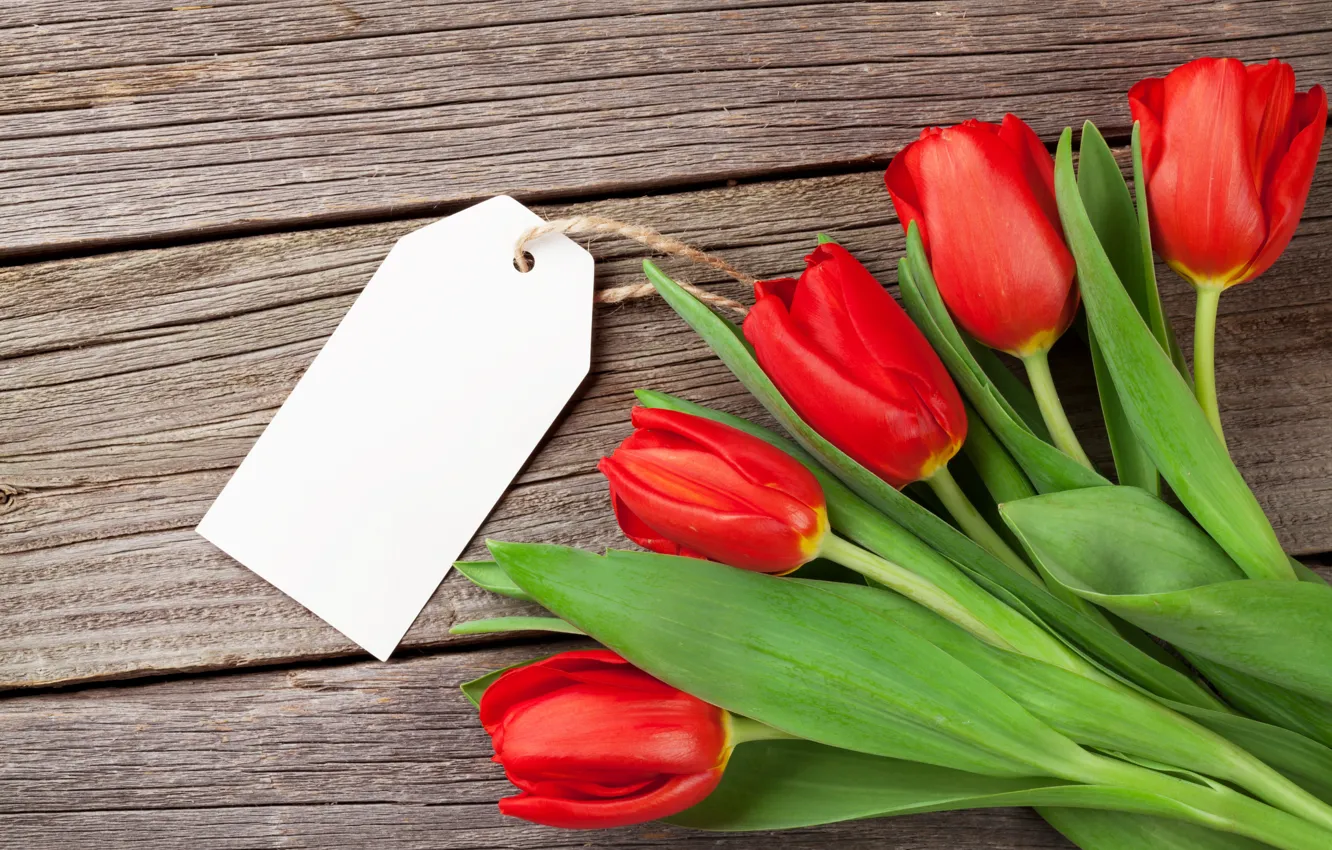 Photo wallpaper love, flowers, bouquet, tulips, red, love, wood, flowers