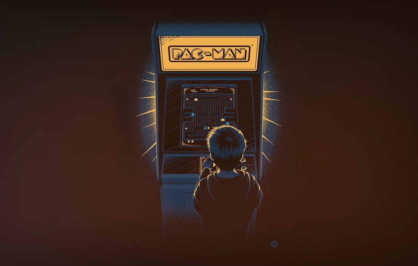 Photo wallpaper Minimalism, Boy, The game, Background, Pacman, Pac-Man, Nostalgia, Slot machine