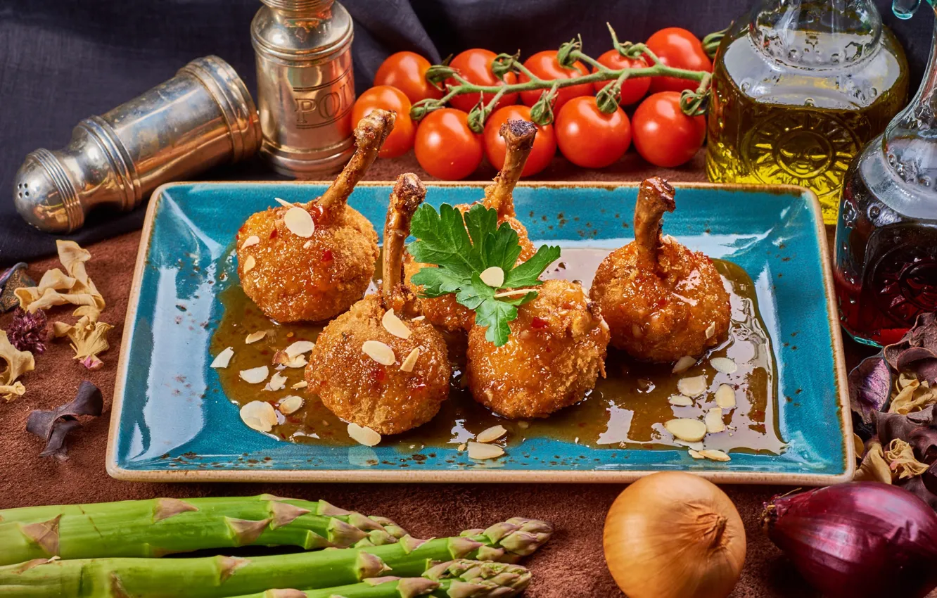 Photo wallpaper bow, meat, tomatoes, asparagus
