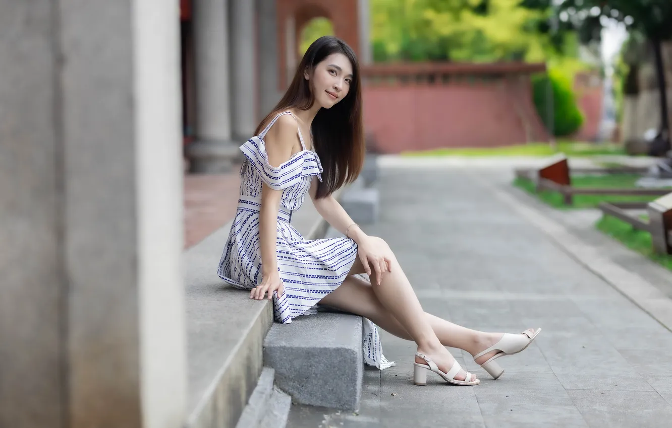 Photo wallpaper look, pose, model, building, portrait, makeup, figure, dress