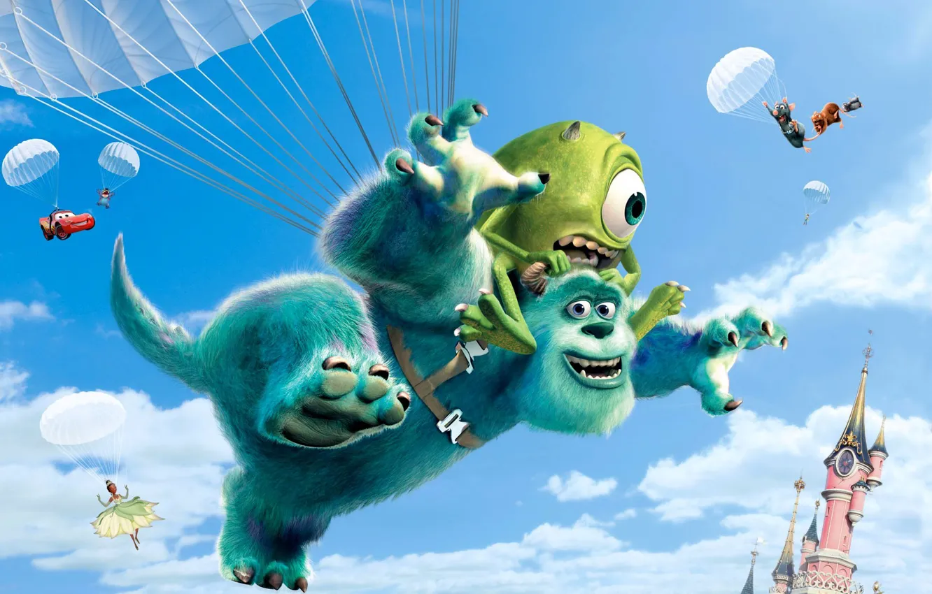 Photo wallpaper collage, cartoon, monster, Ratatouille, cars, parachute, Disney, Princess