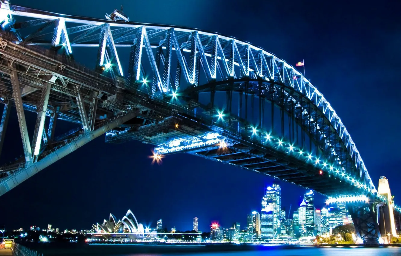 Photo wallpaper bridge, lights, river